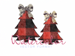 Gingham Southern Bow Christmas Tree Watercolor Clip Art EPS PNG SVG PDF Vector