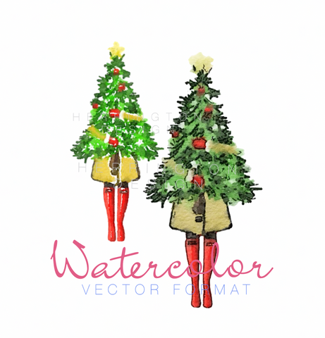 Girl Holding Christmas Tree Watercolor Clip Art EPS PNG SVG PDF Vector